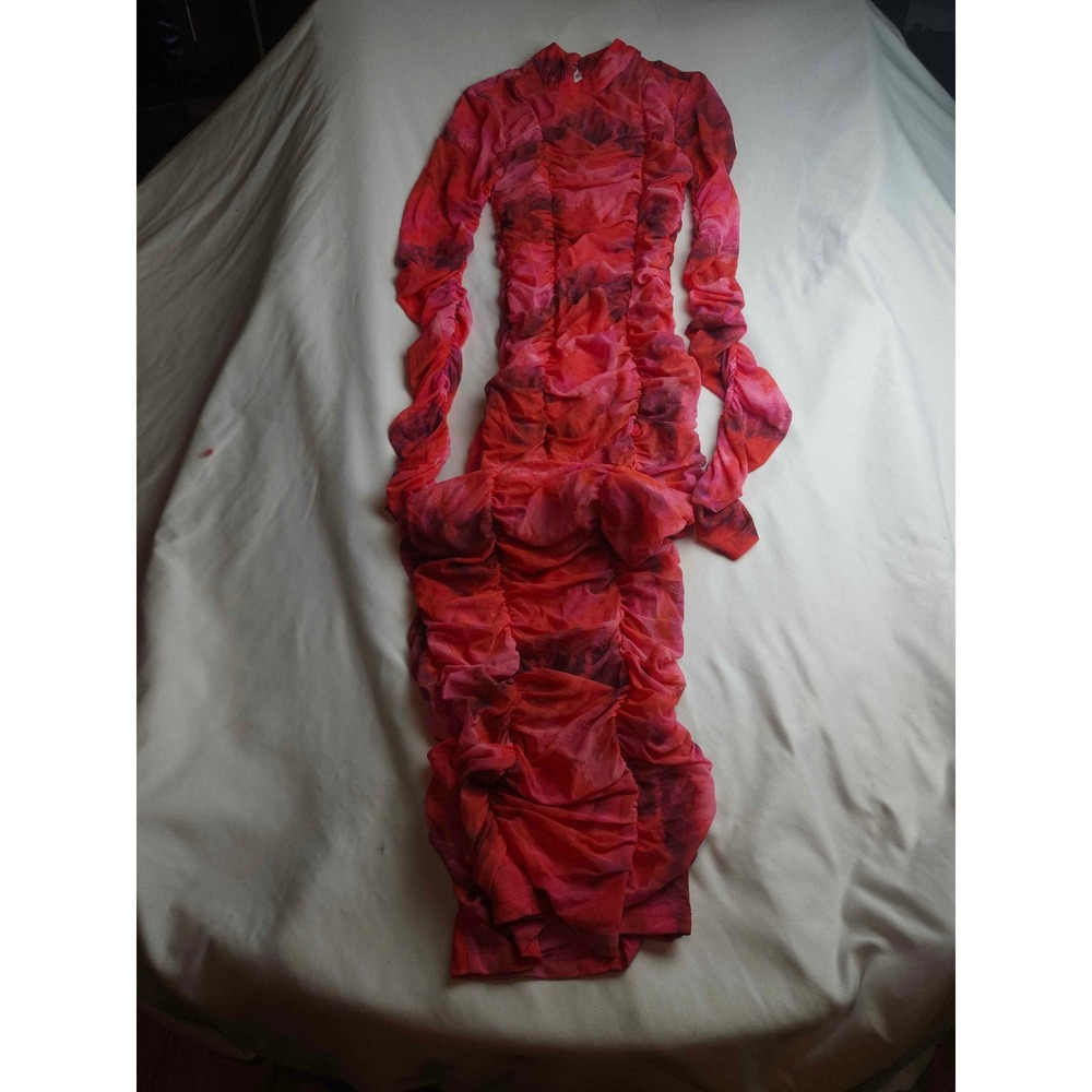 Rococo Sand Red Pink Tie Dye Ruched Mesh Mock Neck Midi Dress Womens Small